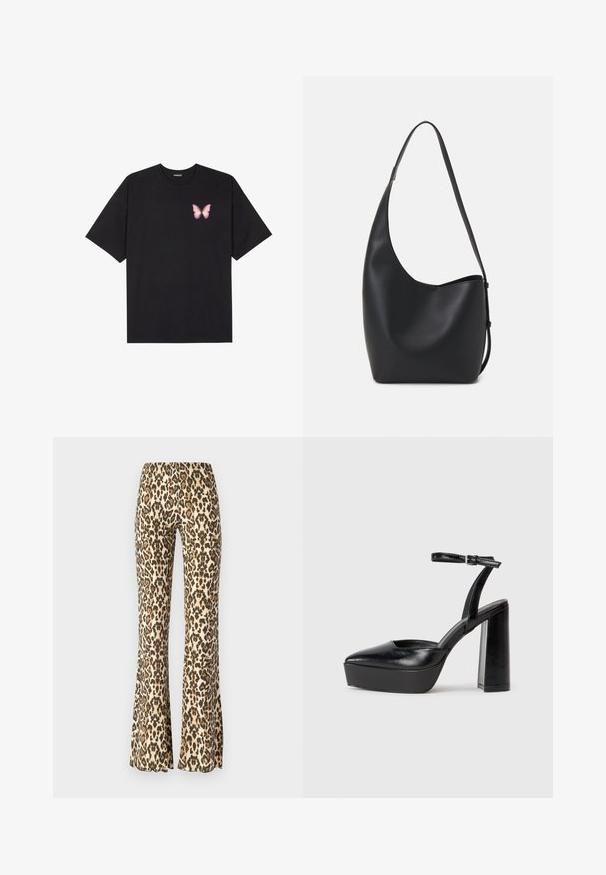 Black cotton t-shirt with short sleeves, featuring a small pink butterfly graphic on the left chest. Crew neck design with a relaxed fit.; Leopard-print flared pants in tan and black, featuring a smooth texture and a fitted waist that flares from the knee down.; Black platform heels with a pointed toe and adjustable ankle strap. Constructed from smooth leather, featuring a chunky block heel.; Black leather hobo bag with a smooth texture, curved shape, and single adjustable strap; features a wide opening at the top.