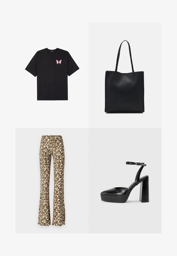 Black cotton t-shirt with short sleeves, featuring a small pink butterfly graphic on the left chest. Crew neck design with a relaxed fit.; Leopard-print flared pants in tan and black, featuring a smooth texture and a fitted waist that flares from the knee down.; Black platform heels with a pointed toe and adjustable ankle strap. Constructed from smooth leather, featuring a chunky block heel.; Black leather tote bag with smooth texture, rectangular shape, and two long handles. No visible hardware or embellishments.