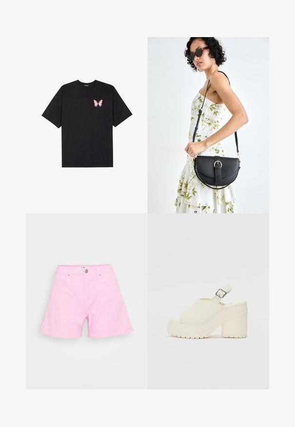 Black cotton t-shirt with short sleeves, featuring a small pink butterfly graphic on the left chest. Crew neck design with a relaxed fit.; Pink striped shorts made of lightweight fabric, featuring a button closure, two front pockets, and a relaxed fit for comfort.; White platform shoes with an open toe and slingback strap. Made of textured material, featuring a thick sole with traction patterns.; Black leather handbag with a curved shape, detachable strap, and gold hardware. The bag features a flap with a buckle detail.