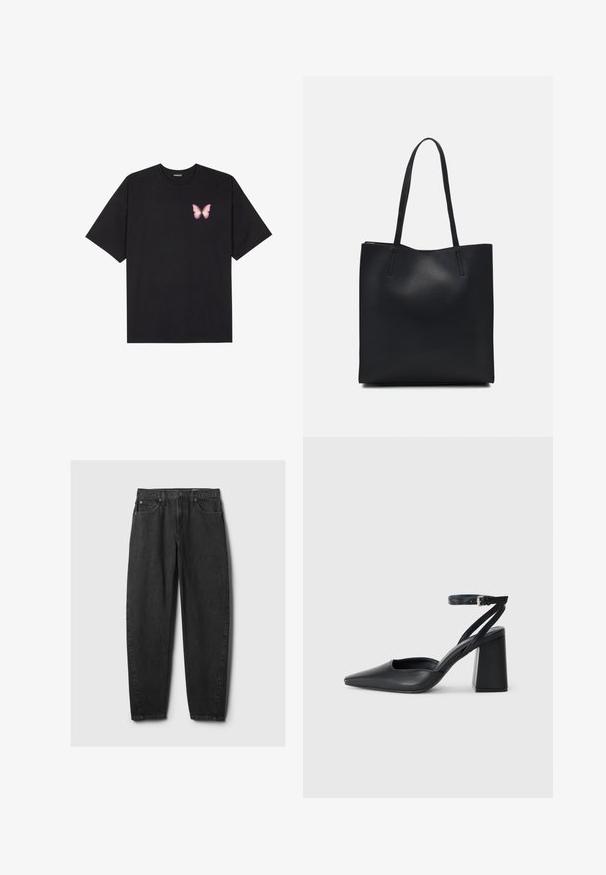 Black cotton t-shirt with short sleeves, featuring a small pink butterfly graphic on the left chest. Crew neck design with a relaxed fit.; Black denim jeans with a straight fit, five-pocket design, belt loops, and a button closure. The fabric has a smooth texture with subtle fading.; Black leather pointy-toe pump with an ankle strap and a chunky heel. Flat texture, sleek design, and minimalistic aesthetics.; Black leather tote bag with smooth texture, rectangular shape, and two long handles. No visible hardware or embellishments.