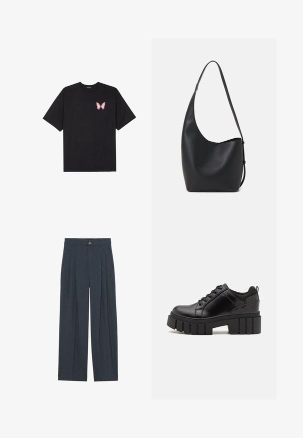 Čierne bavlnené tričko s krátkymi rukávmi, s malým ružovým motýlikom na ľavej hrudi. Design s okrúhlym výstrihom a uvoľneným strihom.; Široké nohavice vyrobené z textúrovaného tmavosivého materiálu, so záhybmi vpredu, zapínaním na gombík a bočnými vreckami pre zvýšenú funkčnosť.; Čierne kožené platformy s masívnym blokovým podpätkom, okrúhlou špičkou a tradičným šnurovaním. Má hladký povrch a minimálne detaily.; Čierna kožená hobo taška so hladkou textúrou, zakriveným tvarom a jedným nastaviteľným popruhom; má široké otvorenie na vrchu.