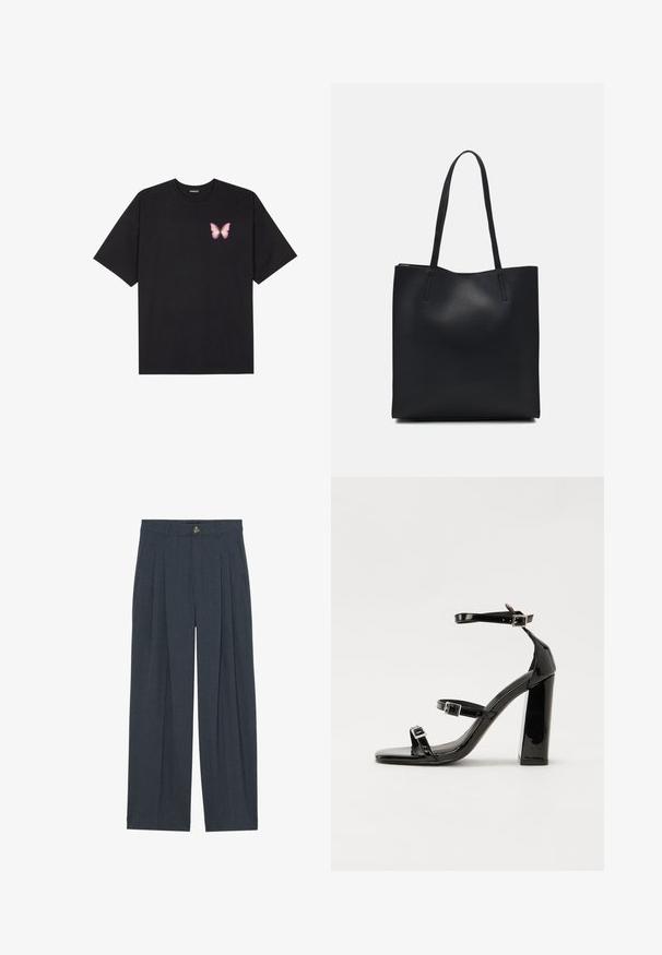 Zwarte katoenen t-shirt met korte mouwen, voorzien van een kleine roze vlinder graphic op de linkerkant van de borst. Crew neck ontwerp met een relaxte fit.; Wijduitlopende broeken van gestructureerde donkergrijze stof, met voren geplooide details, een knoopsluiting en praktische zijzakken.; Zwarte patent lederen sandalen met hoge hakken, twee gespenbanden, een vierkante neus en een stevige blokhak, met een gladde, glanzende textuur.; Zwarte leren handtas met een gladde textuur, rechthoekige vorm en twee lange handvaten. Geen zichtbare hardware of versieringen.