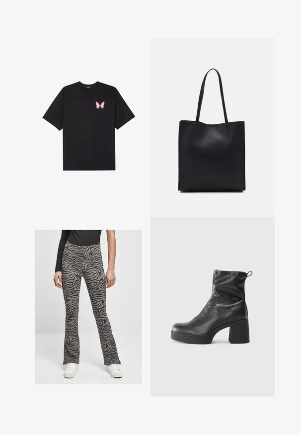 Melna kokvilnas T-krekls ar īsām piedurknēm, kuram priekšā kreisajā pusē ir neliels rozā tauriņa grafiskais attēls. Ar apaļu kaklu un brīvā stila piegriezumu.; Izliekta stila bikses vieglā pelēkā audumā ar melnu zebras svītru rakstu. Izstrādātas ar augsto jostasvietu un kombinētas ar baltām sporta apaviem.; Melni potītes zābaki, kas izgatavoti no gludas ādas, ar sānu rāvējslēdzēju, masīvu strukturētu papēdi un noapaļotu purngalu.; Melnas ādas somiņa ar gludu tekstūru, taisnstūra formu un divām garām rokturiem. Nav redzamu aparatūras vai rotājumu.