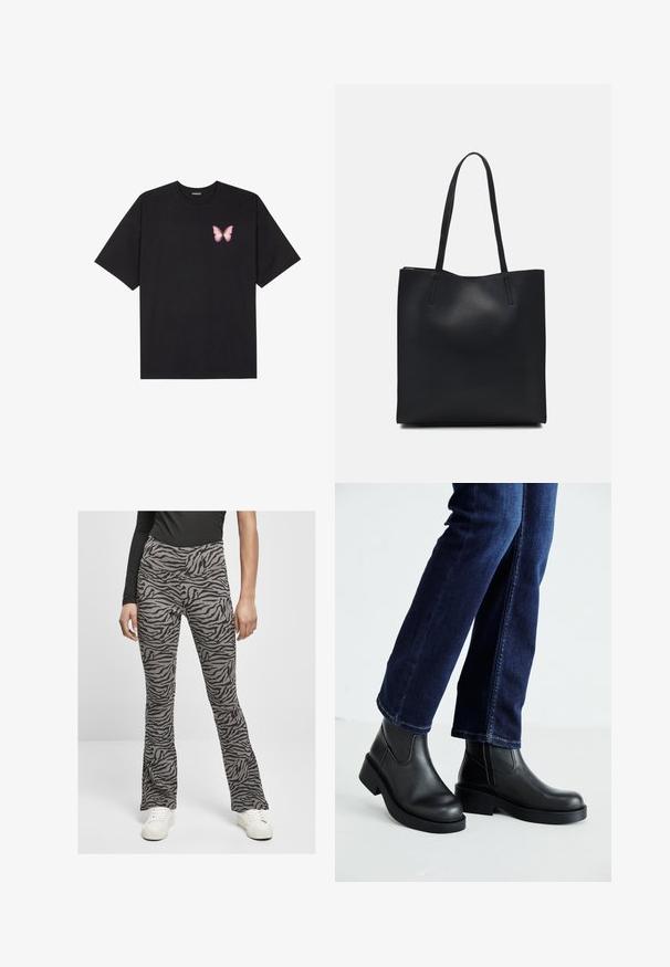 Melna kokvilnas T-krekls ar īsām piedurknēm, kuram priekšā kreisajā pusē ir neliels rozā tauriņa grafiskais attēls. Ar apaļu kaklu un brīvā stila piegriezumu.; Izliekta stila bikses vieglā pelēkā audumā ar melnu zebras svītru rakstu. Izstrādātas ar augsto jostasvietu un kombinētas ar baltām sporta apaviem.; Melnas ādas potīšu zābaki ar masīvu zoli un sānu elastīgām daļām, kombinēti ar tumši ziliem džinsiem. Zeme ir gaišā krāsā.; Melnas ādas somiņa ar gludu tekstūru, taisnstūra formu un divām garām rokturiem. Nav redzamu aparatūras vai rotājumu.