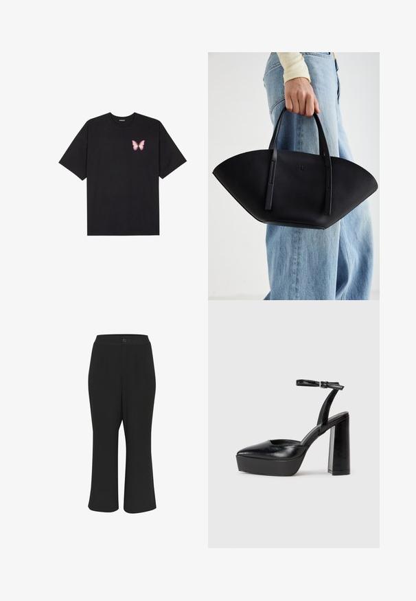 Juodas medvilnės marškinėliai trumpomis rankovėmis, su maža rožine drugelio grafika kairėje krūtinės pusėje. Apvalus kaklo iškirpimas, laisvas kirpimas.; Juodos trumpesnės kelnės su lygiu paviršiumi, sagtimi ir dviem priekinių kišenių. Dizainas turi tiesią siluetą ir minimalų dekorą.; Juodi platforminiai aukšti kulniukai su smailiu kojų pirštu ir reguliuojamu kulkšnies dirželiu. Pagaminti iš lygaus odos, turi masyvų blokinį kulną.; Juodas odinis rankinis uždangalas unikaliu ventiliatoriaus formos dizainu, turintis plokščias rankenas. Paviršius turi akmeninė tekstūrą ir minimalistišką dizainą.