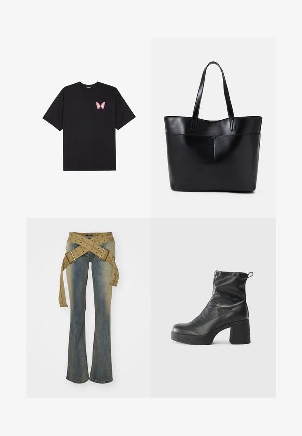 Black cotton t-shirt with short sleeves, featuring a small pink butterfly graphic on the left chest. Crew neck design with a relaxed fit.; Jaded London STRAP UP STONEWASH - Bootcut jeans - hellblau; Black ankle boots made of smooth leather, featuring a side zipper, chunky textured heel, and rounded toe design.; Black leather tote bag with two long handles, a smooth texture, and a structured shape. Features a front pocket for additional storage.