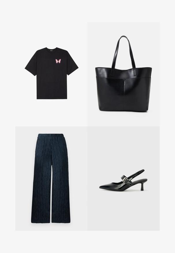 Musta puuvillapaita lyhyillä hihoilla, jossa on pieni vaaleanpunainen perhosgrafiikka vasemmassa rinnassa. Pyöreä kaula-aukko ja rento istuvuus.; Laahustavat housut tummansinisenä, jossa on tekstuurilla varustettu, rypytetty kangas. Mukana on elastinen vyötärö (mukavuuden takaamiseksi) ja sileä pinta.; Musta patenttinaahkakengät, joissa on osoittava kärki ja pieni lohko korko, varustettuna hopeisella soljella hihnassa.; Musta nahkainen kassi, jossa on kaksi pitkää kahvaa, sileä pinta ja jämäkkä muoto. Sisältää etutaskun lisävarastointia varten.