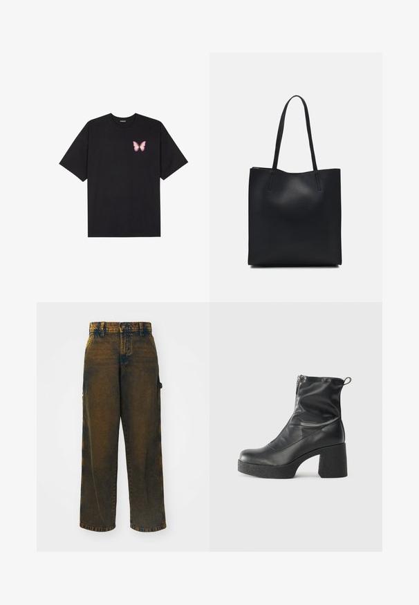 Black cotton t-shirt with short sleeves, featuring a small pink butterfly graphic on the left chest. Crew neck design with a relaxed fit.; Wide-leg jeans made of denim, featuring a faded dark brown color with lighter accents, a classic five-pocket design, and a button closure.; Black ankle boots made of smooth leather, featuring a side zipper, chunky textured heel, and rounded toe design.; Black leather tote bag with smooth texture, rectangular shape, and two long handles. No visible hardware or embellishments.