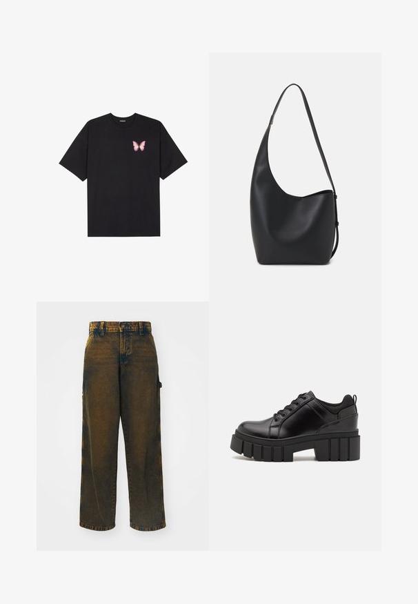 Juodas medvilnės marškinėliai trumpomis rankovėmis, su maža rožine drugelio grafika kairėje krūtinės pusėje. Apvalus kaklo iškirpimas, laisvas kirpimas.; Plačiai palei kojas džinsai iš džinsinio audinio, kurių spalva yra išblukusi tamsiai ruda su šviesesnėmis akcentais, turi klasikinį penkių kišenių dizainą ir mygtukų užsegimą.; Juodi odiniai platformos batai su masyviu blokuota kulniuku, apvalia nosimi ir tradiciniu šnypštimo dizainu. Turintys glotnų paviršių ir minimalų dekoravimą.; Juodas odinis hobo maišas su lygiu paviršiumi, kreipta forma ir viena reguliuojama rankena; turi platų atidarymą viršuje.