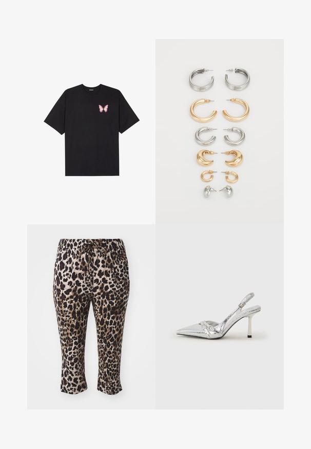 Μαύρο βαμβακερό μπλουζάκι με κοντά μανίκια, διαθέτοντας ένα μικρό ροζ γραφικό πεταλούδας στο αριστερό στήθος. Σχέδιο με στρογγυλή λαιμόκοψη και άνετη εφαρμογή.; Παντελόνι με λεοπάρ μοτίβο, με ζώνη που ρυθμίζεται με κορδόνι, σε κοντό μήκος και ομαλή υφή με μαύρους, καφέ και μπεζ τόνους.; Ασημένια ψηλοτάκουνα παπούτσια slingback με μυτερή μύτη, μεταλλική φινέτσα, δύο διακοσμητικές λωρίδες και λεπτό τακούνι με μαύρη άκρη.; Σύνολο οκτώ μεταλλικών σκουλαρικιών σε ασημένιες και χρυσές αποχρώσεις. Περιλαμβάνει διάφορα στυλ κρίκων, υφές και φινιρίσματα, ταξινομημένα κατά μέγεθος.