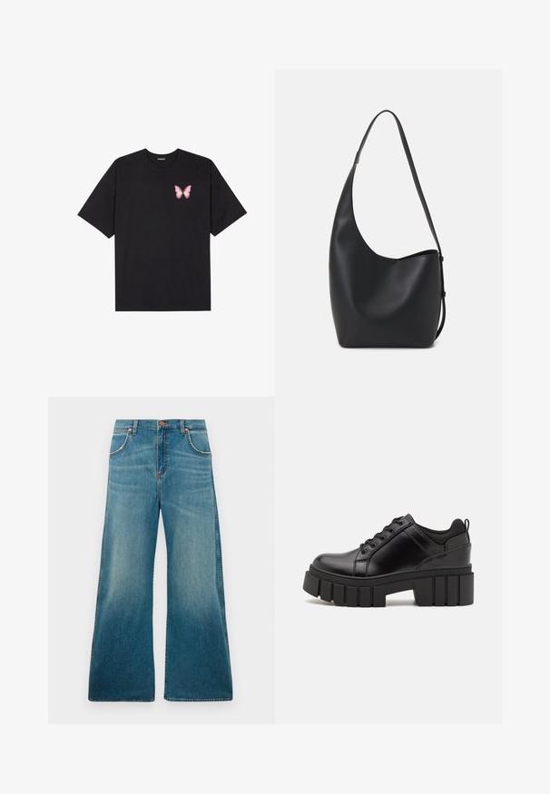 Musta puuvillapaita lyhyillä hihoilla, jossa on pieni vaaleanpunainen perhosgrafiikka vasemmassa rinnassa. Pyöreä kaula-aukko ja rento istuvuus.; Siniset farkut, joissa on korkeavyötärö ja leveät lahkeet, etutaskut, nappikiinnitys ja haalistuva värigradientti vyötäröltä hemmaan.; Mustat nahkakengät, joissa on lättihenkinen korko, pyöreä kärki ja perinteinen nauhakiinnitys. Ominaisuuksiin kuuluu sileä pintakuvio ja minimaalinen yksityiskohtaisuus.; Musta nahkainen hobo-laukku, jossa on sileä pinta, kaareva muoto ja yksi säädettävä olkahihna; sisäänkäynti on leveä ylhäältä.