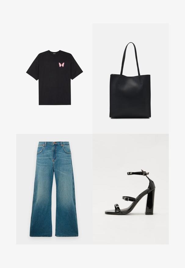 Black cotton t-shirt with short sleeves, featuring a small pink butterfly graphic on the left chest. Crew neck design with a relaxed fit.; High-waisted blue denim jeans with wide legs, front pockets, button closure, and faded color gradient from waist to hem.; Black patent high-heeled sandals with two buckle straps, square toe, and a chunky block heel, featuring a smooth, glossy texture.; Black leather tote bag with smooth texture, rectangular shape, and two long handles. No visible hardware or embellishments.