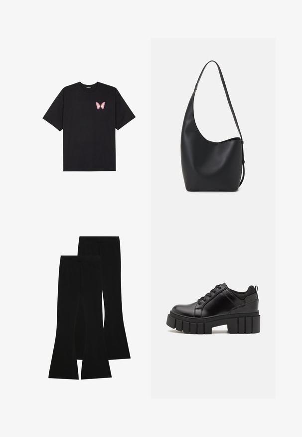 Černé bavlněné tričko s krátkým rukávem, na levém prsou s malou grafikou růžové motýlky. Design s kruhovým výstřihem a volným střihem.; Černé zvonové kalhoty vyrobené z elastického materiálu, s vysokým pasem a hladkou texturou, s přiléhavým střihem, který se rozšiřuje od kolena.; Černé kožené platformové boty s masivním blokovým podpatkem, kulatou špičkou a tradičním šněrováním. Mají hladký povrch a minimální detaily.; Černá kožená hobo taška s hladkým povrchem, zakřiveným tvarem a jedním nastavitelným popruhem; má široké otevírání nahoře.
