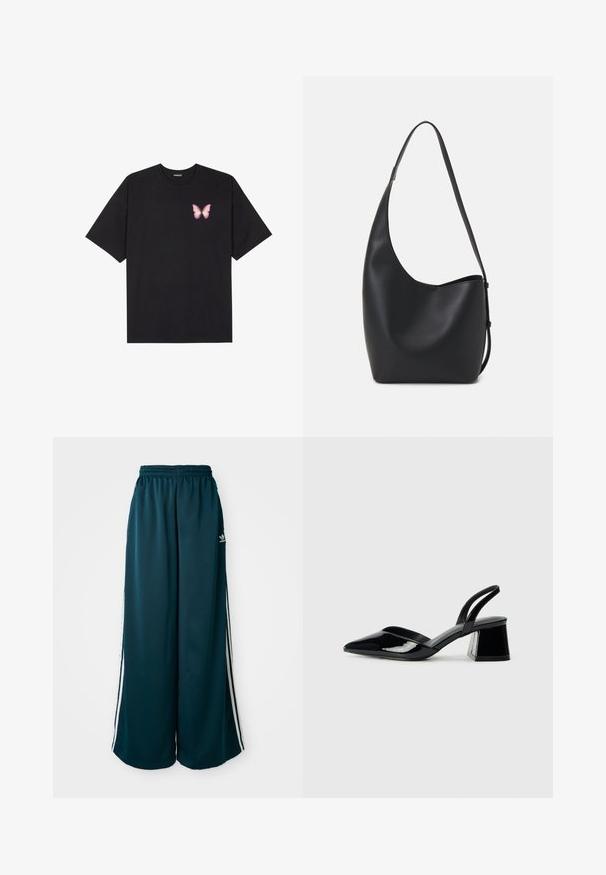 Juodas medvilnės marškinėliai trumpomis rankovėmis, su maža rožine drugelio grafika kairėje krūtinės pusėje. Apvalus kaklo iškirpimas, laisvas kirpimas.; Žalios plačios kelnės su elastine juosta, su trimis baltomis juostelėmis šoninėse dalyse ir Adidas logotipu kairėje pusėje.; Juodos lakuotos odinės šlepetės su smailiu pirštu ir geometriniu bloko kulnu. Turi elegantišką, minimalistinį dizainą ir lygų paviršių.; Juodas odinis hobo maišas su lygiu paviršiumi, kreipta forma ir viena reguliuojama rankena; turi platų atidarymą viršuje.