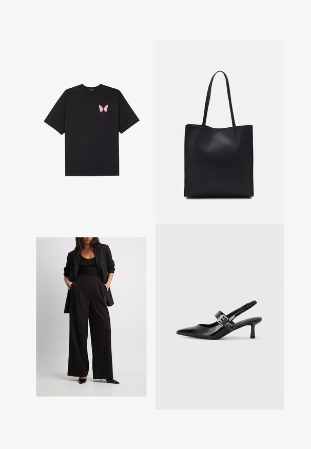 Zwarte katoenen t-shirt met korte mouwen, voorzien van een kleine roze vlinder graphic op de linkerkant van de borst. Crew neck ontwerp met een relaxte fit.; Zwarte op maat gemaakte blazer gecombineerd met wijde zwarte broek, voorzien van plooien en zijzakken. Model in zwarte puntige hakken.; Zwarte gepatineerde leren slingback hakken met een puntige neus en een kleine blokhak, met een zilveren gespaccent op de band.; Zwarte leren handtas met een gladde textuur, rechthoekige vorm en twee lange handvaten. Geen zichtbare hardware of versieringen.