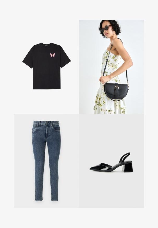 T-shirt de algodão preto com mangas curtas, apresentando um pequeno gráfico de borboleta rosa no lado esquerdo do peito. Design de gola redonda com um corte solto.; Jeans skinny em denim azul escuro com desbotamento subtil. Apresentam uma cintura média, cinco bolsos e costura em contraste ao longo das costuras.; Sandy em verniz preto com salto slingback, ponta afilada e salto geométrico. Apresenta um design elegante e minimalista com textura suave.; Bolsa de couro preta com forma curva, alça destacável e detalhes em dourado. A bolsa possui uma aba com detalhe de fivela.; Brincos de argola prateados com um design arredondado e elegante, apresentando uma superfície lisa e sem adornos visíveis. Diâmetro não especificado.