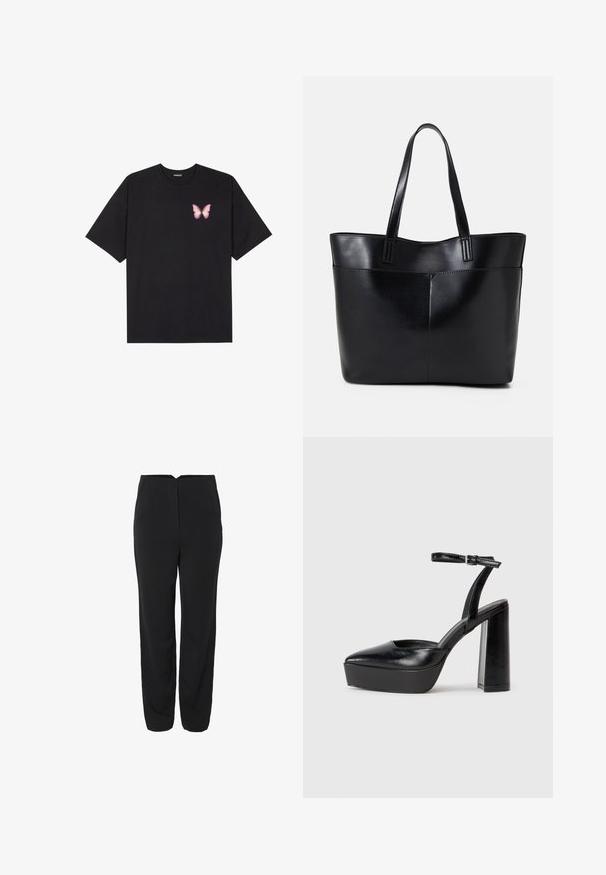 Svart bomullströja med korta ärmar, med en liten rosa fjärilsgrafik på vänster bröst. Rundad halsdesign med en avslappnad passform.; Svarta byxor med rak bendesign, som har två framfickor och en slät struktur. Subtila sömdetaljer fram.; Svarta plattformsskor med spetsig tå och justerbart vristband. Tillverkade av mjukt läder, med en kraftig blockklack.; Svart läder tote-väska med två långa handtag, en slät yta och en strukturerad form. Har en framficka för extra förvaring.