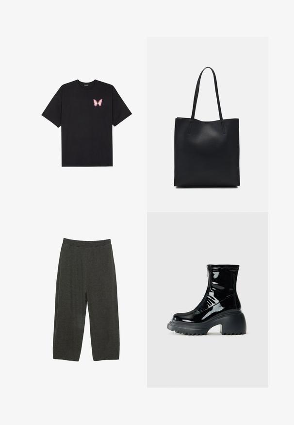 Czarny bawełniany t-shirt z krótkim rękawem, z małym różowym motylkiem na lewej piersi. Klasyczny dekolt z luźnym fasonem.; Ciemnoszare, luźne spodnie wykonane z miękkiego materiału. Posiadają elastyczny pas oraz swobodny, prosty krój nogawek.; Lśniący czarny platformowy botek za kostkę z okrągłym noskiem, masywnym obcasem, zapięciem na zamek błyskawiczny i grubą, żłobioną podeszwą na białym tle.; Czarna skórzana torba tote o gładkiej fakturze, prostokątnym kształcie i dwóch długich uchwytach. Brak widocznych elementów metalowych i ozdób.