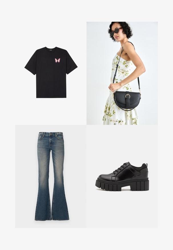 Zwarte katoenen t-shirt met korte mouwen, voorzien van een kleine roze vlinder graphic op de linkerkant van de borst. Crew neck ontwerp met een relaxte fit.; Uitlopende blauwe jeans van denim, met een knoopsluiting, vijf zakken en een vervaagd uiterlijk met een brede pijpopening.; Zwarte leren platform schoenen met een stevige blokhak, ronde neus en een traditionele vetersluiting. Kenmerkt zich door een gladde textuur en minimale details.; Zwarte leren handtas met een gebogen vorm, afneembare schouderband en gouden hardware. De tas heeft een klep met een gespsluiting.