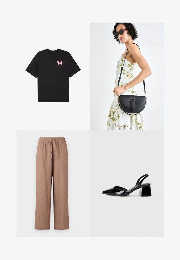 Black cotton t-shirt with short sleeves, featuring a small pink butterfly graphic on the left chest. Crew neck design with a relaxed fit.; Light brown linen wide-leg pants with an elastic waistband and drawstring. Features a smooth texture and ankle-length cut.; Black patent leather slingback heels with a pointed toe and a geometric block heel. Features a sleek, minimal design and smooth texture.; Black leather handbag with a curved shape, detachable strap, and gold hardware. The bag features a flap with a buckle detail.