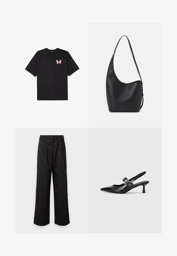 Black cotton t-shirt with short sleeves, featuring a small pink butterfly graphic on the left chest. Crew neck design with a relaxed fit.; Black wide-leg trousers made of textured fabric with a subtle pattern. Features a standard waistband and straight-cut leg openings.; Black patent leather slingback heels with a pointed toe and a small block heel, featuring a silver buckle accent on the strap.; Black leather hobo bag with a smooth texture, curved shape, and single adjustable strap; features a wide opening at the top.