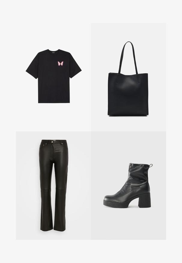 T-shirt en coton noir à manches courtes, avec un petit graphique de papillon rose sur la poitrine gauche. Modèle à col rond avec une coupe décontractée.; Pantalon en simili cuir noir avec un design évasé, avec fermeture à bouton, passants de ceinture et deux poches avant. Texture lisse et coupe slim.; Bottes noires à la cheville en cuir lisse, dotées d'une fermeture éclair sur le côté, d'un talon épais texturé et d'une conception à bout rond.; Sac fourre-tout en cuir noir avec une texture lisse, de forme rectangulaire et deux longues poignées. Pas de matériel ou d'ornementations visibles.