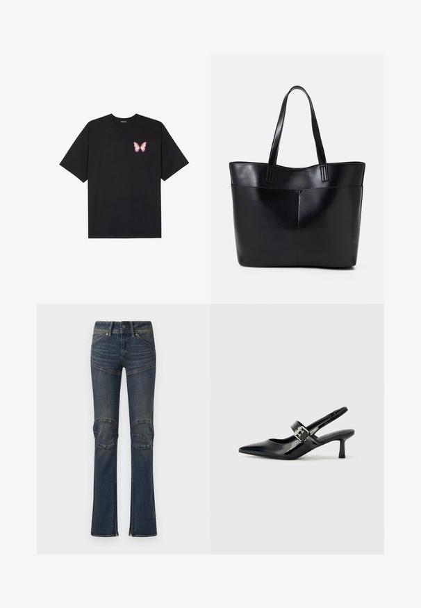 T-shirt de algodão preto com mangas curtas, apresentando um pequeno gráfico de borboleta rosa no lado esquerdo do peito. Design de gola redonda com um corte solto.; Jeans de denim azul escuro com forma à boca de sino, apresentando remendos nos joelhos, costura branca e ferragens prateadas. Com fechos de correr nos tornozelos.; Saltos slingback em verniz preto com bico pontiagudo e um pequeno salto bloco, apresentando um detalhe de fivela prateada na tira.; Bolsa tote preta em couro com duas alças longas, textura suave e forma estruturada. Apresenta um bolso frontal para armazenamento adicional.