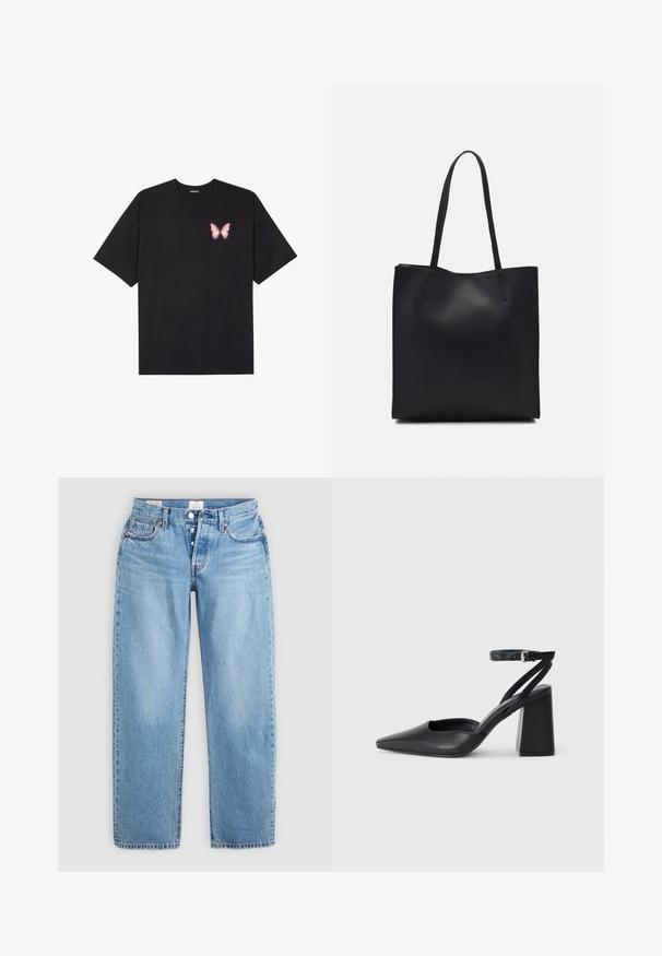 Juodas medvilnės marškinėliai trumpomis rankovėmis, su maža rožine drugelio grafika kairėje krūtinės pusėje. Apvalus kaklo iškirpimas, laisvas kirpimas.; Šviesiai mėlyni džinsai su tiesiu kirpimu, penkiais kišenėmis ir mygtukų užtrauktuku. Yra siuvinėtas detalizavimas ir švarus apvadas.; Juoda odinė smailiagalė aukštakulnio bateliai su kulkšnies dirželiu ir storu kulnu. Lygus paviršius, elegantiškas dizainas ir minimalistiška estetinė. ; Juodas odinis tote krepšys su lygia tekstūra, stačiakampio formos ir dviem ilgais rankenomis. Matomų metalinių detalių ar puošybos nėra.