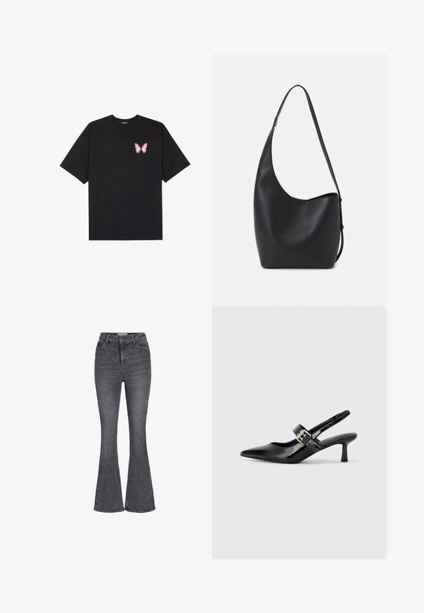 Czarny bawełniany t-shirt z krótkim rękawem, z małym różowym motylkiem na lewej piersi. Klasyczny dekolt z luźnym fasonem.; Jeans z wysokim stanem, rozszerzające się u dołu, w ciemnoszarym deninie, z klasycznym pięciopocketowym wzorem, zapięciem na guzik oraz delikatnymi przetarciami.; Czarne lakierowane szpilki slingback z wąskim noskiem i małym słupkiem, z ozdobnym srebrnym klamrą na pasku.; Czarna skórzana torba hobo o gładkiej fakturze, zaokrąglonym kształcie i pojedynczym, regulowanym pasku; posiada szerokie otwarcie na górze.