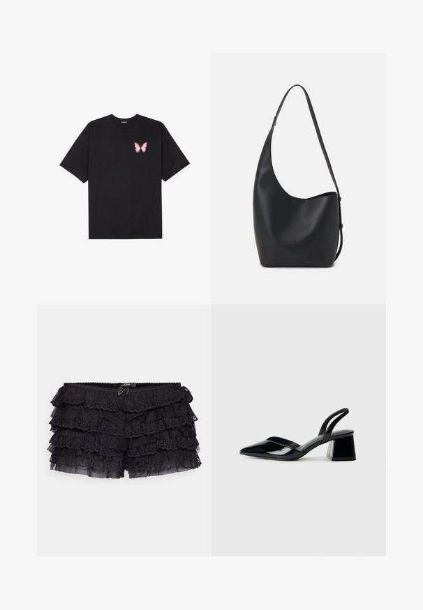 Fekete pamut póló rövid ujjakkal, bal mellkason egy kis rózsaszín pillangó grafikával. Kerek nyakú kialakítás, laza fazonnal.; Jaded London BLOOMER SHORTS - Rövidnadrágok - black; Fekete lakk bőr szandálkés magas sarkú cipő, hegyes orral és geometrikus tömbsarkakkal. Karcsú, minimalista dizájn és sima textúra jellemzi.; Fekete bőr hobo táska sima textúrával, ívelt formával és egyetlen állítható pánttal; széles nyílás található a tetején.