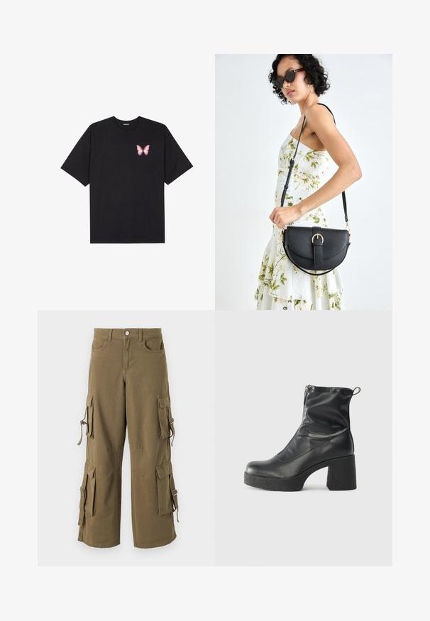 Musta puuvillapaita lyhyillä hihoilla, jossa on pieni vaaleanpunainen perhosgrafiikka vasemmassa rinnassa. Pyöreä kaula-aukko ja rento istuvuus.; Vihreät puuvillaiset cargo-housut. Ominaisuudet: useita sivutaskuja, säädettävät narut ja löysä istuvuus. Pehmeä tekstuuri ja ommellut yksityiskohdat.; Mustat nilkkurit, jotka on valmistettu sileästä nahasta. Niissä on sivuvetoketju, paksu teksturoitu korko ja pyöristetty kärki.; Musta nahkainen käsilaukku, joka on kaareva muotoilultaan, irrotettavalla hihnalla ja kultaisilla yksityiskohdilla. Laukussa on läppä, jossa on solk yksityiskohta.