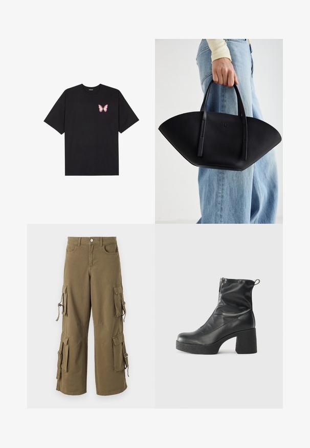 Tricou negru din bumbac cu mâneci scurte, având pe partea stângă a pieptului un mic grafic cu un fluture roz. Design cu guler rotund și croială lejeră.; Pantaloni cargo din bumbac verde măsliniu. Au multiple buzunare laterale, șnururi ajustabile și o croială lejeră. Textură moale cu detalii cusute.; Bocanci negri de glezna din piele netedă, cu fermoar lateral, toc texturat și masiv, și design cu vârf rotund.; Geantă de piele neagră cu o formă unică de evantai, având mânere plate. Suprafața are o textură cu mici granule și un design minimalist.