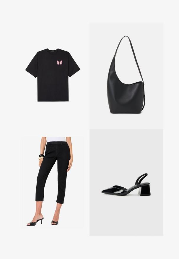 Fekete pamut póló rövid ujjakkal, bal mellkason egy kis rózsaszín pillangó grafikával. Kerek nyakú kialakítás, laza fazonnal.; Fekete farmer cropped nadrág, testhezálló fazonnal, közepes derékkal és elülső zsebekkel. Sima textúra, klasszikus öt-zsebes stílusban.; Fekete lakk bőr szandálkés magas sarkú cipő, hegyes orral és geometrikus tömbsarkakkal. Karcsú, minimalista dizájn és sima textúra jellemzi.; Fekete bőr hobo táska sima textúrával, ívelt formával és egyetlen állítható pánttal; széles nyílás található a tetején.