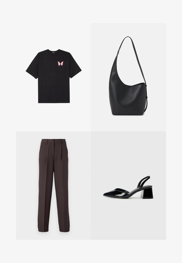 Black cotton t-shirt with short sleeves, featuring a small pink butterfly graphic on the left chest. Crew neck design with a relaxed fit.; JJXX JXELLIS WIDE - Trousers - seal brown; Black patent leather slingback heels with a pointed toe and a geometric block heel. Features a sleek, minimal design and smooth texture.; Black leather hobo bag with a smooth texture, curved shape, and single adjustable strap; features a wide opening at the top.; Gold-tone metal earring with a sleek, curved design. Features a distinctive pointed shape, polished surface, and hinge closure.