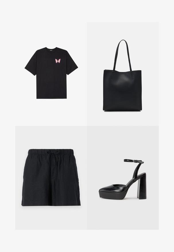 Sort bomulds T-shirt med korte ærmer, prydet med en lille pink sommerfugl grafik på venstre bryst. Rund hals design med en afslappet pasform.; Sorte linnedesign shorts med elastisk talje og snor. Har sidelommer og et afslappet fit.; Sorte platformhæle med spidse tæer og justerbar ankelrem. Construeret i glat læder, med en kraftig blokhæl.; Sort læder tote taske med glat tekstur, rektangulær form og to lange hanke. Ingen synlig hardware eller udsmykninger.