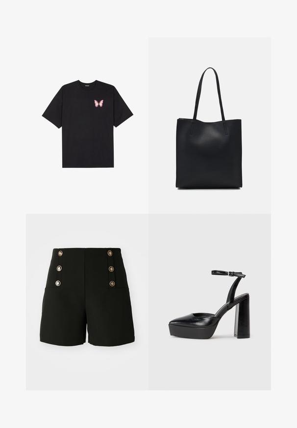 T-shirt nera in cotone con maniche corte, caratterizzata da una piccola grafica di una farfalla rosa sul lato sinistro del petto. Design a girocollo con una vestibilità rilassata.; Pantaloni corti neri con vita alta, caratterizzati da bottoni dorati sui lati e due tasche frontali. Realizzati in un tessuto morbido.; Tacchi a piattaforma neri con punta appuntita e cinturino regolabile alla caviglia. Realizzati in pelle liscia, presentano un tacco a blocco spesso.; Borsa tote in pelle nera con texture liscia, forma rettangolare e due manici lunghi. Nessun hardware o decorazione visibile.