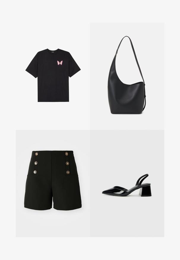 Svart bomulls T-skjorte med korte ermer, med en liten rosa sommerfugl grafikk på venstre bryst. Crew-neck design med en avslappet passform.; Sorte shorts med høy midje, prydet med gullknapper på sidene og to frontlommer. Laget av et glatt stoff.; Svarte patentlær slingback hæler med spiss tå og geometrisk blokk hæl. Har et stilrent, minimalistisk design og jevn tekstur.; Svart lær hobo-veske med glatt tekstur, buet form og enkelt justerbart stropp; har en bred åpning på toppen.