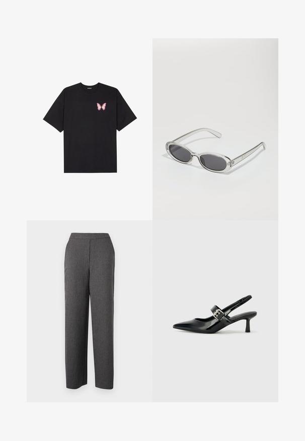 Črna bombažna majica s kratkimi rokavi, ki ima majhen roza metuljček na levi strani prsnega dela. Majica s krožnim ovratnikom in sproščenim krojem.; Sive hlače iz teksturirane tkanine s ravnim krojem, z gladkim pasom in brez vidnih žepov.; Črne patent usnjene slingback pete s koničastim nosom in majhnim blok peto, ki vključujejo srebrno zaponko na traku.; Sončna očala ovalne oblike, prozoren plastičen okvir, temno sivi leči in tanke prozorne roke z logotipnimi akcenti in minimalnimi detajli.; Črna usnjena torba s svilnato teksturo, pravokotne oblike in dvema dolgima ročajema. Brez vidnih metalnih delov ali okrasnih elementov.