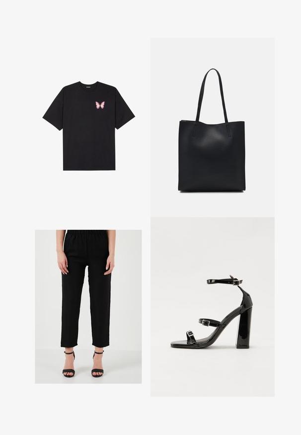 Črna bombažna majica s kratkimi rokavi, ki ima majhen roza metuljček na levi strani prsnega dela. Majica s krožnim ovratnikom in sproščenim krojem.; Črne lanene hlače z elastičnim pasom, ravnega kroja in dolžine do gležnjev, v kombinaciji s črnimi sandali s peto in naramnicami.; Črne lakirane sandale s peto, kvadratnim prstom, trakovi okrog gležnja in srebrnimi zaponkami. Opremljene so s stabilno Debelo peto.; Črna usnjena torba s svilnato teksturo, pravokotne oblike in dvema dolgima ročajema. Brez vidnih metalnih delov ali okrasnih elementov.