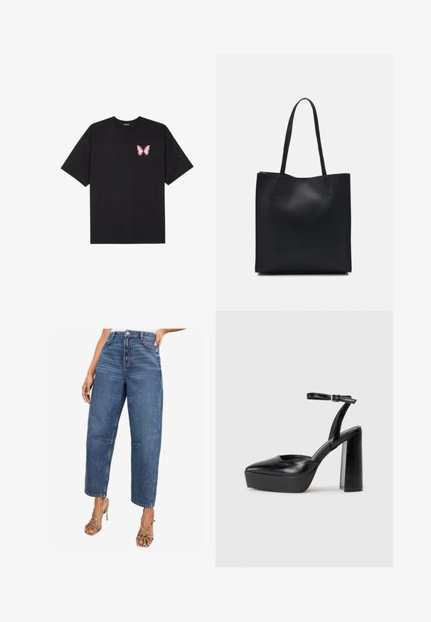 Juodas medvilnės marškinėliai trumpomis rankovėmis, su maža rožine drugelio grafika kairėje krūtinės pusėje. Apvalus kaklo iškirpimas, laisvas kirpimas.; Aukštai juosmens tiesaus kirpimo džinsai, vidutinio mėlynumo plovimas. Su klasikiniu penkių kišenių dizainu ir subtiliais siuvinėjimo akcentais.; Juodi platforminiai aukšti kulniukai su smailiu kojų pirštu ir reguliuojamu kulkšnies dirželiu. Pagaminti iš lygaus odos, turi masyvų blokinį kulną.; Juodas odinis tote krepšys su lygia tekstūra, stačiakampio formos ir dviem ilgais rankenomis. Matomų metalinių detalių ar puošybos nėra.