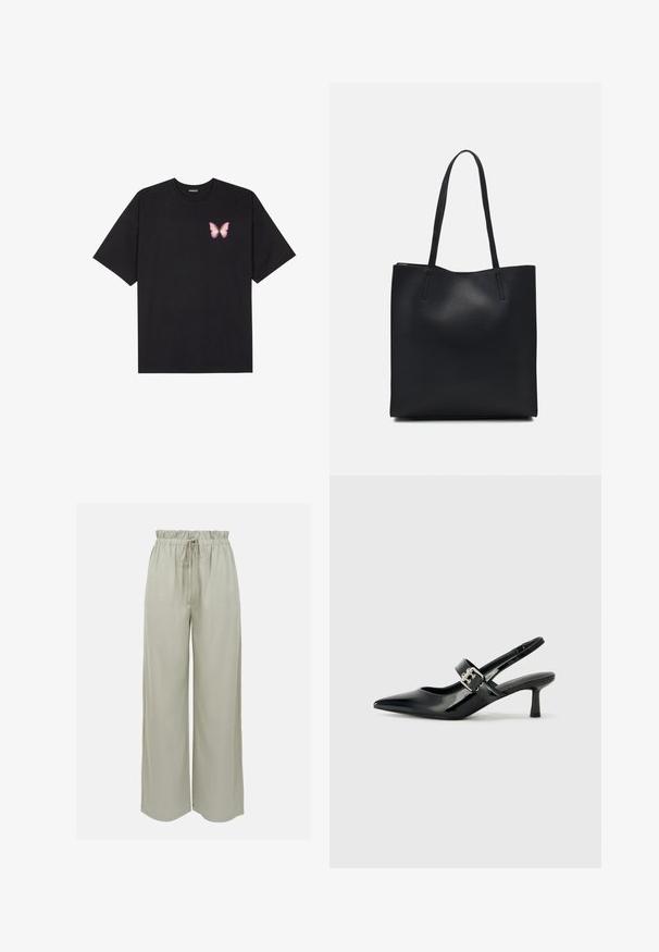 Svart bomulls T-skjorte med korte ermer, med en liten rosa sommerfugl grafikk på venstre bryst. Crew-neck design med en avslappet passform.; Lys grå vide bukser lavet af blødt stof. Har en elastisk talje med snøre og en glat tekstur. Ingen synlige mønstre.; Svarte patent lær slingback hæler med spiss tå og en liten blokkheel, med en sølvspenne som detalj på stroppen.; Svart lær tote bag med glatt tekstur, rektangulær form og to lange håndtak. Ingen synlige deler eller dekorasjoner.