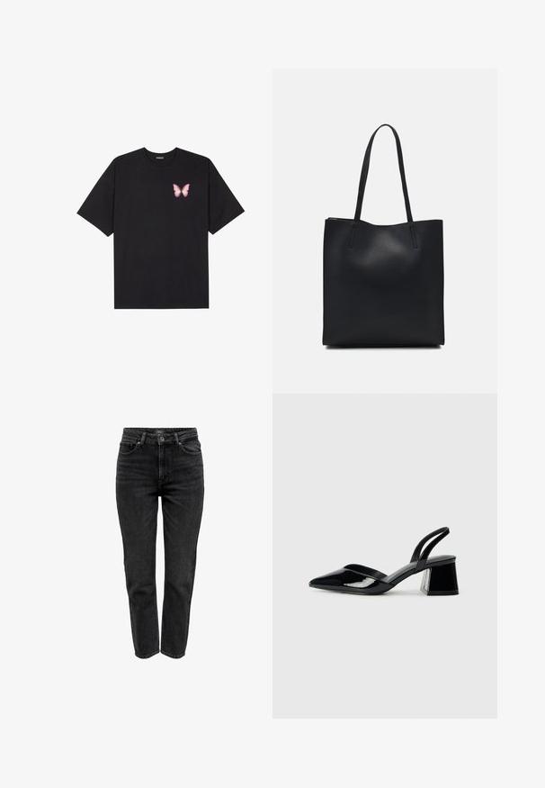 Must muströöpidega must puuvillane T-särk, vasakul rinnal on väike roosa liblikas. Ümar kaelus ja vabalt istuv lõige.; ONLY Sirgete säärtega teksad - black denim; Mustad musta lakknahk kingad, millel on terav varvas ja geomeetriline plokkkonts. Omab elegantselt minimalistlikku disaini ja sujuvat tekstuuri.; Mustast nahast kott sujuva tekstuuriga, ristkülikukujuline ja kahe pika sangaga. Pole nähtavat riistvara ega kaunistusi.