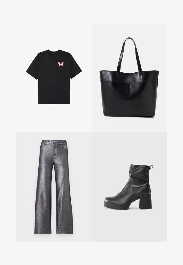 Crna pamučna majica s kratkim rukavima, s malim grafičkim prikazom ružičaste vjetricaste s desne strane na prsima. Dizajn s okruglim izrezom i opuštenim krojem.; Srebrne metalik široke traperice viskog struka, s pet džepova i zatvaranjem na dugme. Tkanina ima glatku, sjajnu teksturu.; Crne gležnjače od glatke kože, s bočnim zatvaračem, debelim teksturiranim potplatom i dizajnom s zaobljenim prstima.; Crna kožna torba s dugim ručkama, glatkom teksturom i strukturiranim oblikom. Ima prednju džep za dodatno pohranu.