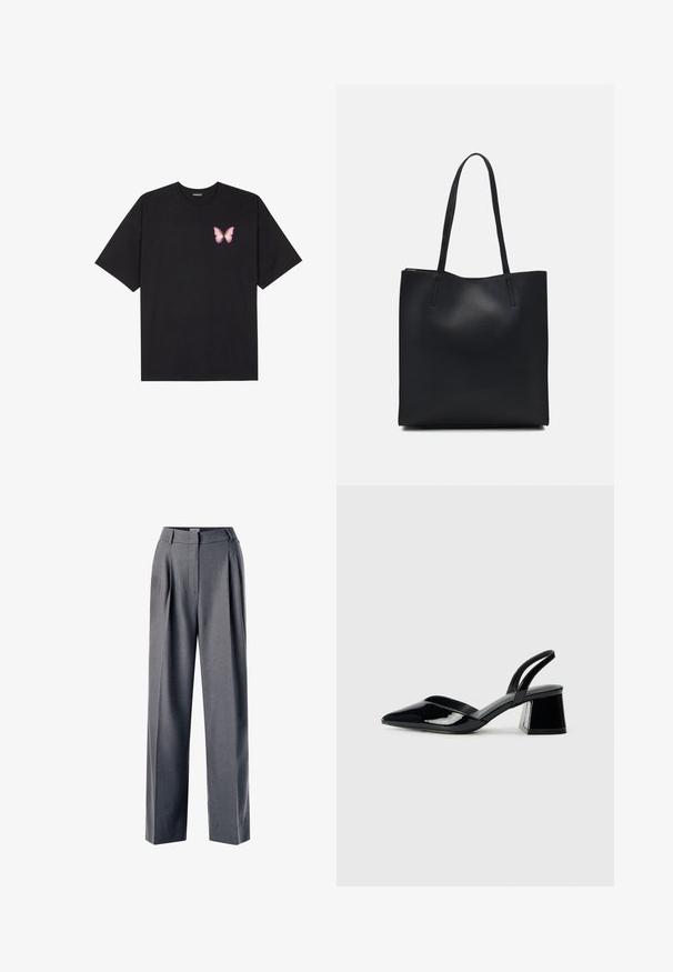 Schwarzes Baumwoll-T-Shirt mit kurzen Ärmeln, das ein kleines pinkes Schmetterlingsmotiv auf der linken Brust zeigt. Crewneck-Design mit einem entspannten Schnitt.; Graue maßgeschneiderte Hose mit gefaltetem Vorderteil, weitem Bein-Design und glatter Textur, ausgestattet mit einem flachen Bund und seitlichen Taschen.; Schwarze Lackleder-Slingback-High Heels mit spitzem Schuh und einem geometrischen Blockabsatz. Verfügt über ein schlankes, minimalistisches Design und eine glatte Textur.; Schwarze Laptoptasche aus Leder mit glatter Textur, rechteckiger Form und zwei langen Griffen. Keine sichtbaren Beschläge oder Verzierungen.