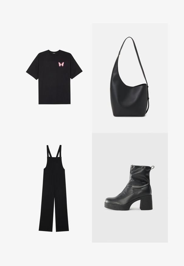 Sort bomulds T-shirt med korte ærmer, prydet med en lille pink sommerfugl grafik på venstre bryst. Rund hals design med en afslappet pasform.; Sorte overalls lavet af blødt stof, med brede ben, to frontlommer og justerbare skulderstropper med knapbeslag.; Sorte ankelstøvler lavet af glat læder, med en sidelukning, kraftig struktureret hæl og rundt tådesign.; Sort læder hobo taske med en glat overflade, buet form og en enkelt justerbar rem; har en bred åbning øverst.