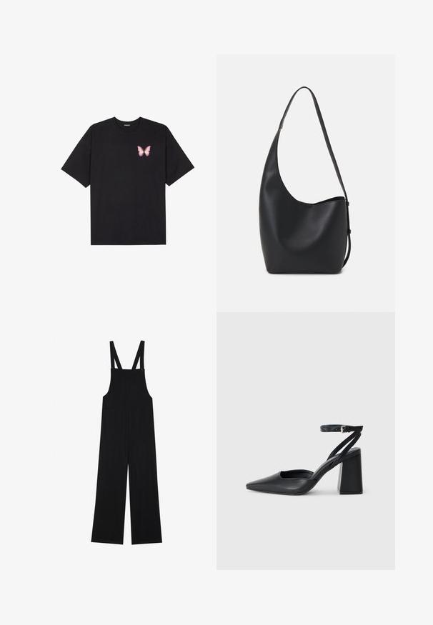 Schwarzes Baumwoll-T-Shirt mit kurzen Ärmeln, das ein kleines pinkes Schmetterlingsmotiv auf der linken Brust zeigt. Crewneck-Design mit einem entspannten Schnitt.; Schwarze Latzhose aus weichem Stoff, mit weitem Bein, zwei frontalen Taschen und verstellbaren Schulterträgern mit Knopfverschluss.; Schwarze Leder-Pumps mit spitzer Zehe, einem Knöchelriemen und einem blockigen Absatz. Flache Textur, elegantes Design und minimalistische Ästhetik.; Schwarze Leder-Hobo-Tasche mit einer glatten Textur, geschwungener Form und einem einzelnen verstellbaren Tragegurt; verfügt über eine weite Öffnung am oberen Ende.