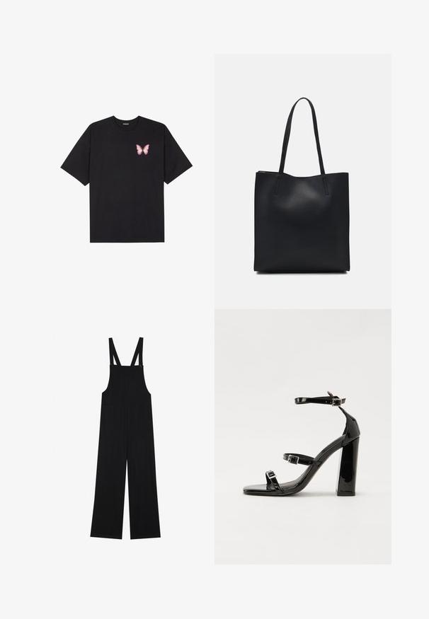 T-shirt de algodão preto com mangas curtas, apresentando um pequeno gráfico de borboleta rosa no lado esquerdo do peito. Design de gola redonda com um corte solto.; Jardineiras pretas feitas de um tecido suave, com pernas largas, dois bolsos frontais e alças ajustáveis com fechos de botão.; Sandálias pretas de verniz com salto alto, duas fivelas, biqueira quadrada e salto largo, apresentando uma textura lisa e brilhante.; Bolsa tote preta em couro com textura lisa, forma retangular e duas alças longas. Sem hardware ou enfeites visíveis.