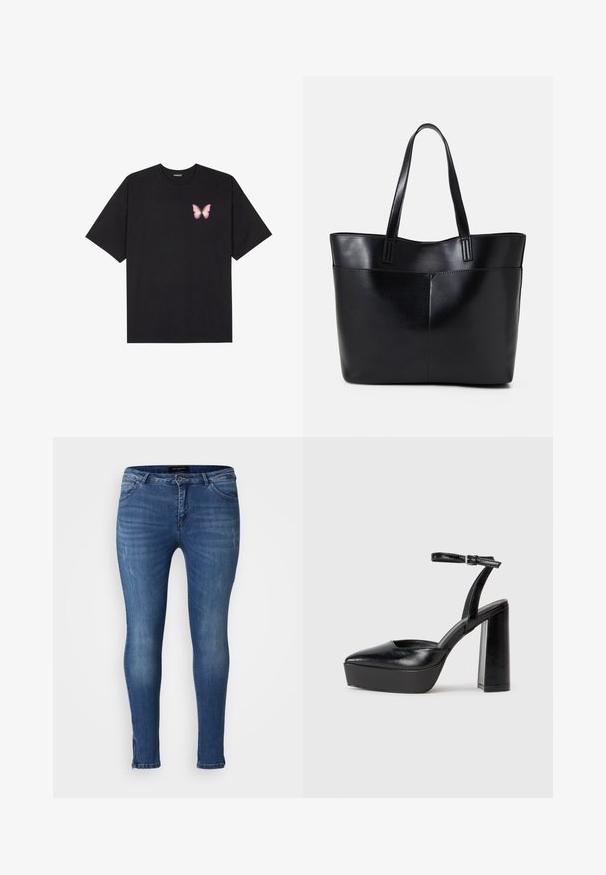 Černé bavlněné tričko s krátkým rukávem, na levém prsou s malou grafikou růžové motýlky. Design s kruhovým výstřihem a volným střihem.; Úzké džíny vyrobené z denimové tkaniny střední modré barvy, s pěti kapsami, mírným vyblednutím a klasickým zapínáním na knoflík a zip.; Černé platformové podpatky s špičatou špičkou a nastavitelným kotníkovým popruhem. Vyrobeny z hladké kůže, s masivním blokovým podpatkem.; Černá kožená taška s dlouhými ušima, hladkým povrchem a strukturovaným tvarem. Obsahuje přední kapsu pro další úložný prostor.