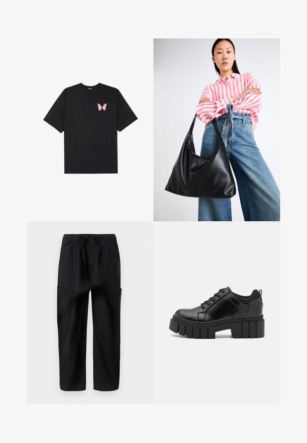 Melna kokvilnas T-krekls ar īsām piedurknēm, kuram priekšā kreisajā pusē ir neliels rozā tauriņa grafiskais attēls. Ar apaļu kaklu un brīvā stila piegriezumu.; Melnas kokvilnas kravas bikses ar brīvu piegriezumu, kurām ir elastīga jostasvieta un vairākas sānu kabatas papildu funkcionalitātei.; Melnas ādas platformas kurpes ar masīvu bloku papēdi, apaļu purngalu un tradicionālu saistīšanas dizainu. Izceļas ar gludu tekstūru un minimālu apdari.; Melnas ādas plecu soma ar vaļīgu formu un šuvju detaļām. Modelis valkā rozā un baltu svītrainu kreklu ar plaša kāju ziliem džinsiem.