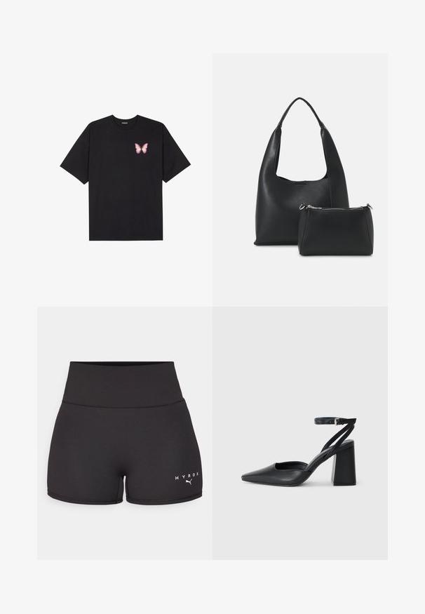 Black cotton t-shirt with short sleeves, featuring a small pink butterfly graphic on the left chest. Crew neck design with a relaxed fit.; Black athletic shorts made of stretchy fabric. High waist design with white "HYROX" text and logo at the lower left. Smooth texture.; Black leather pointy-toe pump with an ankle strap and a chunky heel. Flat texture, sleek design, and minimalistic aesthetics.; Even&Odd SET - Handbag - black